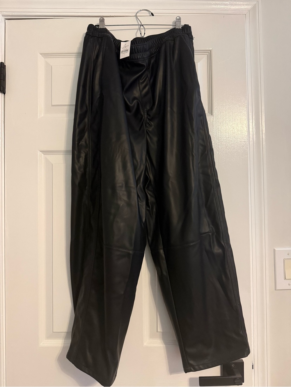 LOFT Black Faux Leather Pull On Barrel Pants